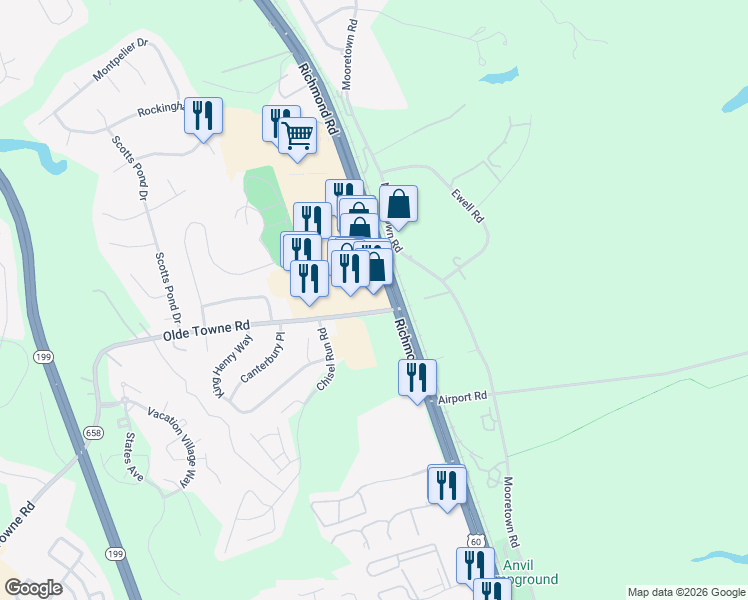 map of restaurants, bars, coffee shops, grocery stores, and more near 5541 Richmond Road in Williamsburg