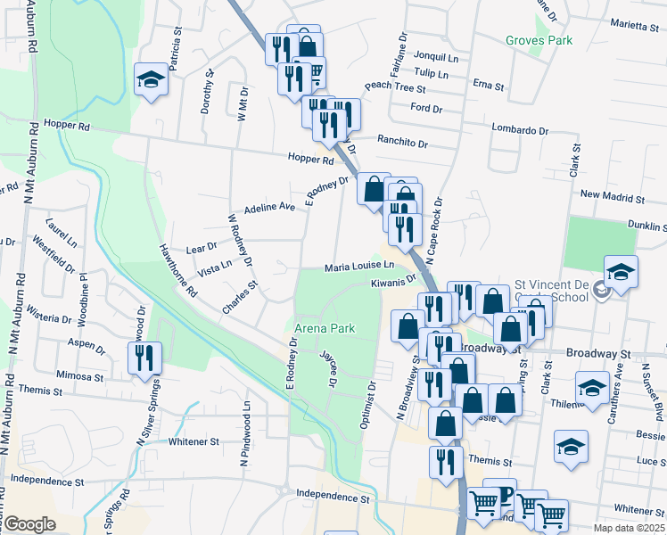 map of restaurants, bars, coffee shops, grocery stores, and more near 2599 Maria Louise Lane in Cape Girardeau