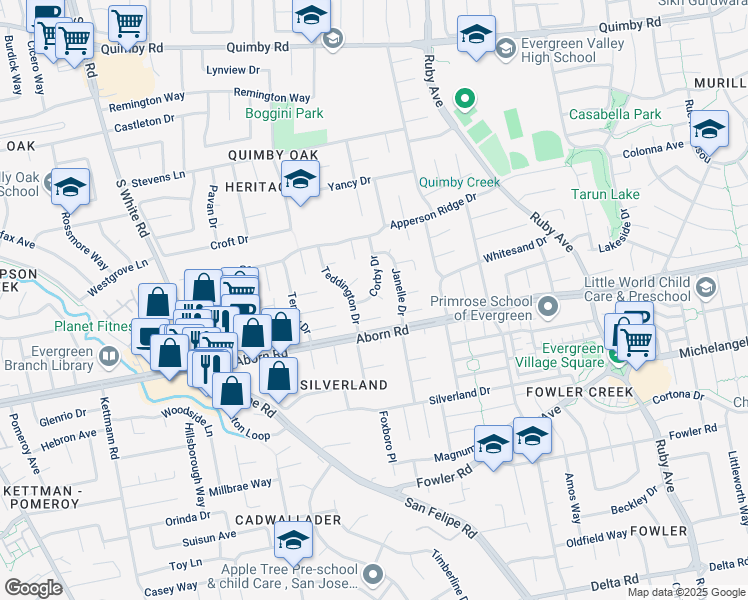 map of restaurants, bars, coffee shops, grocery stores, and more near 3105 Whitby Court in San Jose