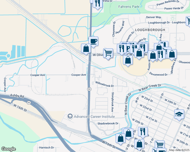 map of restaurants, bars, coffee shops, grocery stores, and more near 2984 Willowbrook Drive in Merced