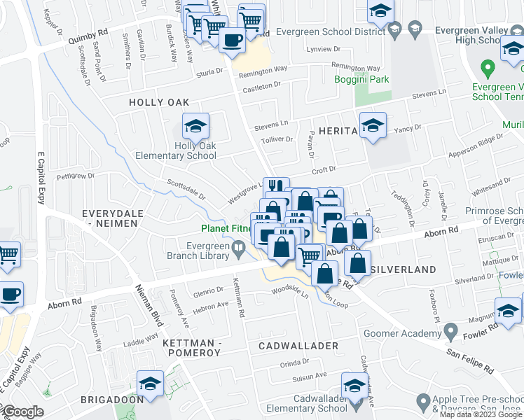 map of restaurants, bars, coffee shops, grocery stores, and more near 2855 Weyers Court in San Jose
