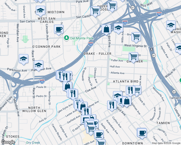 map of restaurants, bars, coffee shops, grocery stores, and more near 714 Palm Haven Avenue in San Jose