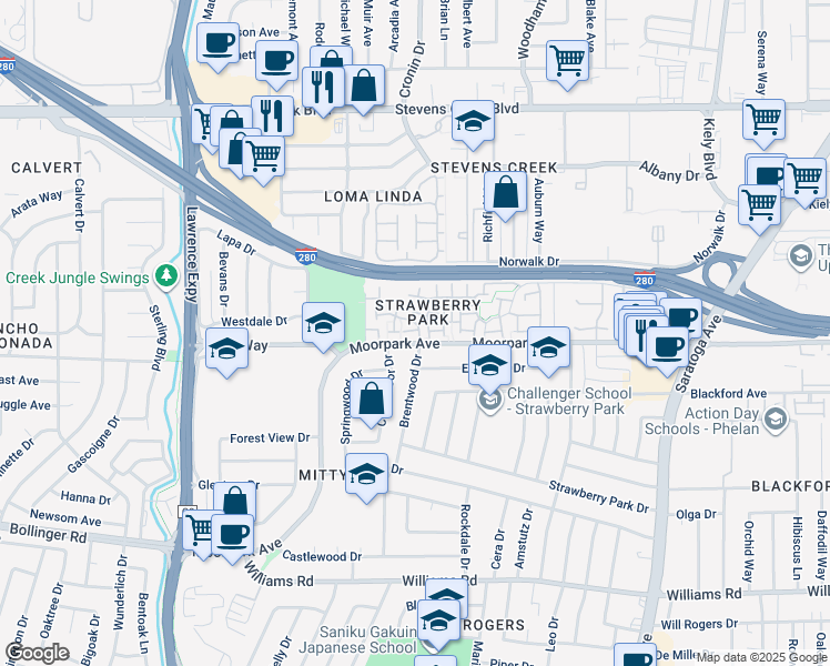 map of restaurants, bars, coffee shops, grocery stores, and more near 618 Crestmoor Drive in San Jose