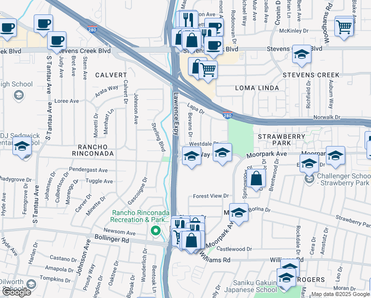map of restaurants, bars, coffee shops, grocery stores, and more near in San Jose