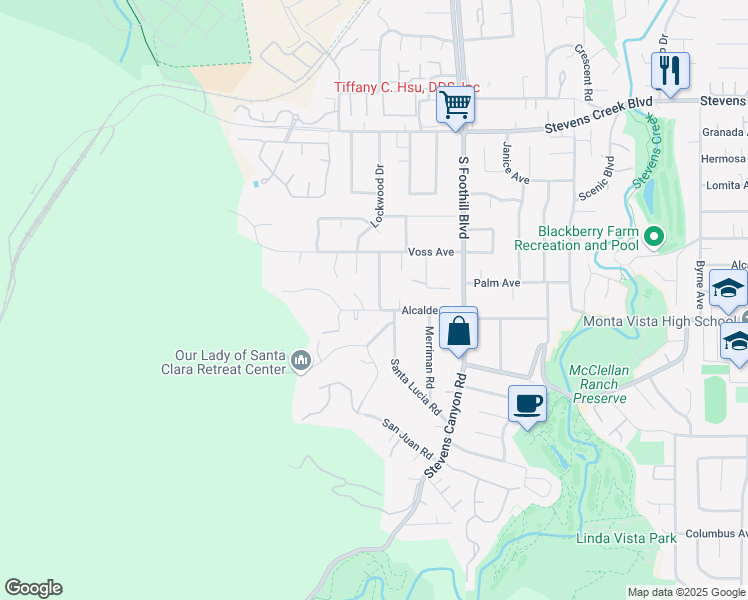 map of restaurants, bars, coffee shops, grocery stores, and more near 22740 Alcalde Road in Cupertino