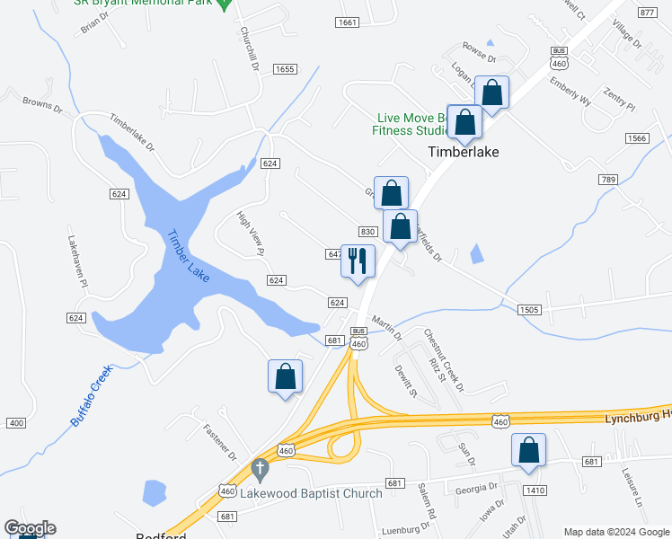 map of restaurants, bars, coffee shops, grocery stores, and more near 22763 Timberlake Road in Lynchburg