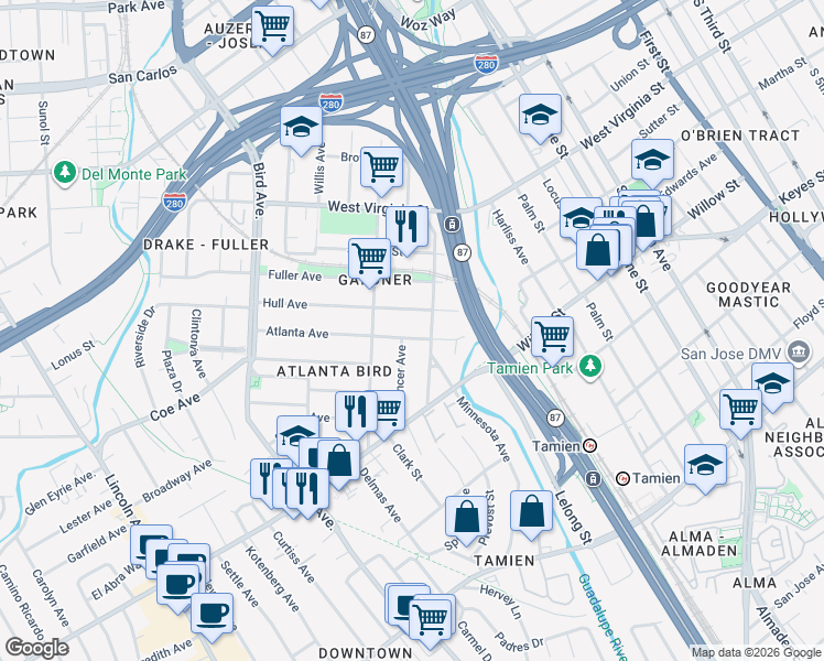 map of restaurants, bars, coffee shops, grocery stores, and more near 367 Atlanta Avenue in San Jose