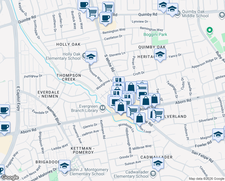 map of restaurants, bars, coffee shops, grocery stores, and more near 2855 Weyers Court in San Jose