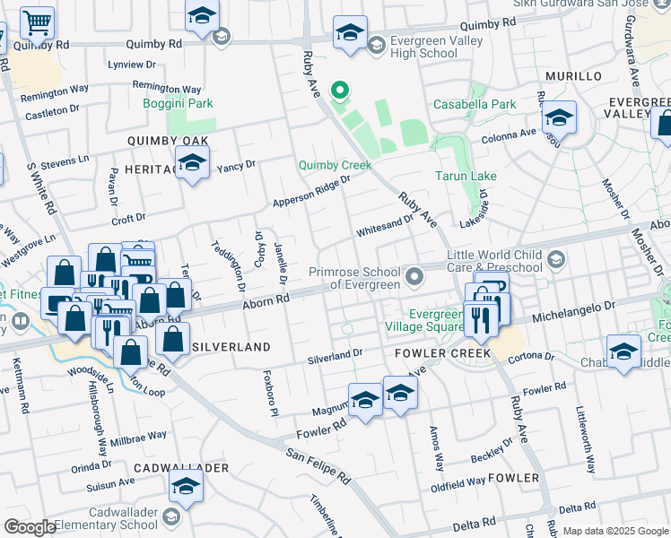 map of restaurants, bars, coffee shops, grocery stores, and more near 3289 Whitesand Court in San Jose