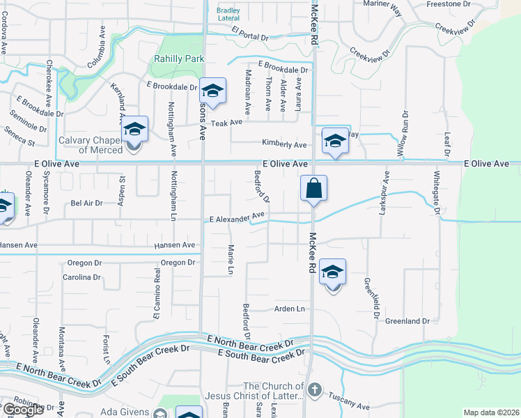 map of restaurants, bars, coffee shops, grocery stores, and more near 3032 Bedford Drive in Merced