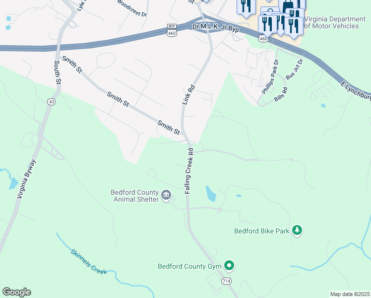 map of restaurants, bars, coffee shops, grocery stores, and more near 1021 Falling Creek Road in Bedford