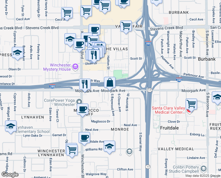 map of restaurants, bars, coffee shops, grocery stores, and more near 2875 Moorpark Avenue in San Jose