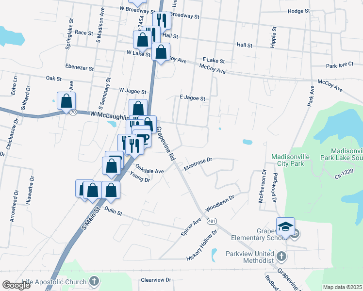 map of restaurants, bars, coffee shops, grocery stores, and more near 799 S Franklin St in Madisonville
