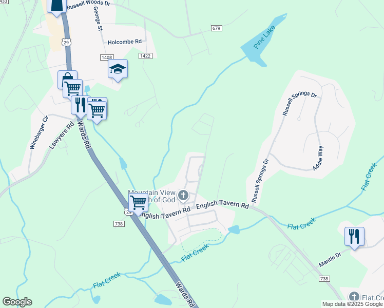 map of restaurants, bars, coffee shops, grocery stores, and more near 142 Old Tavern Circle in Lynchburg