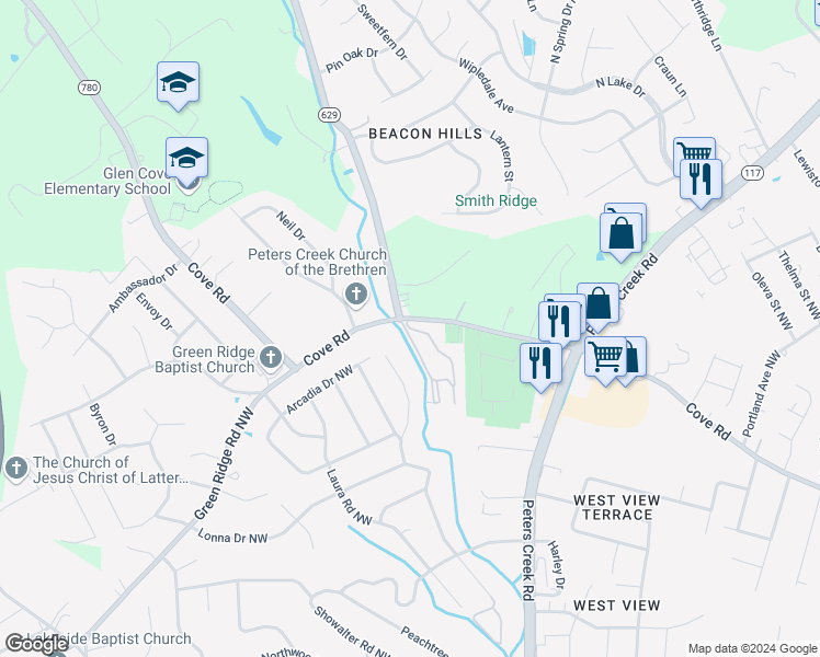 map of restaurants, bars, coffee shops, grocery stores, and more near 5205 Lancelot Lane Northwest in Roanoke