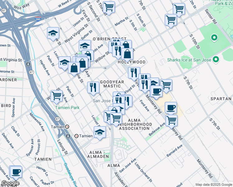 map of restaurants, bars, coffee shops, grocery stores, and more near 1234 Mastic Street in San Jose