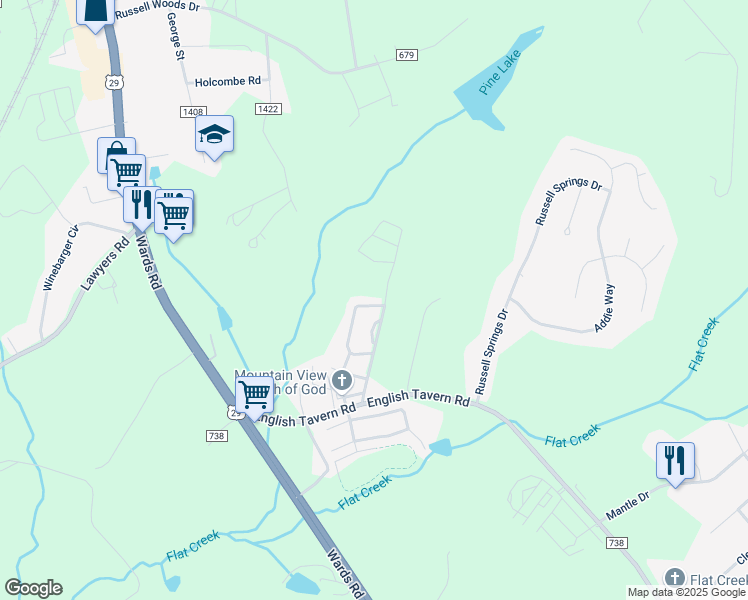 map of restaurants, bars, coffee shops, grocery stores, and more near 166 Old Tavern Circle in Lynchburg