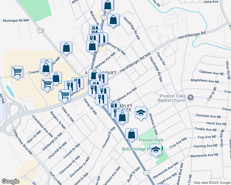 map of restaurants, bars, coffee shops, grocery stores, and more near 3122 Birchlawn Avenue Northwest in Roanoke