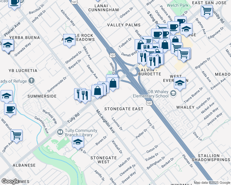 map of restaurants, bars, coffee shops, grocery stores, and more near 1450-1478 Tully Rd in San Jose