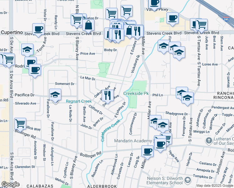 map of restaurants, bars, coffee shops, grocery stores, and more near 10411 East Estates Drive in Cupertino