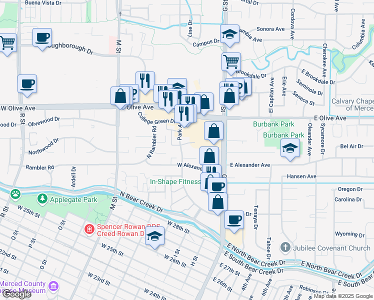 map of restaurants, bars, coffee shops, grocery stores, and more near 3030 Park Avenue in Merced