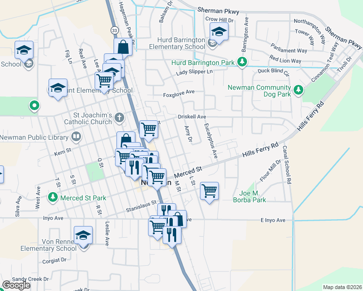map of restaurants, bars, coffee shops, grocery stores, and more near 1266 L Street in Newman