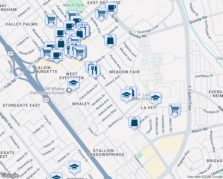 map of restaurants, bars, coffee shops, grocery stores, and more near 2696 Aida Avenue in San Jose