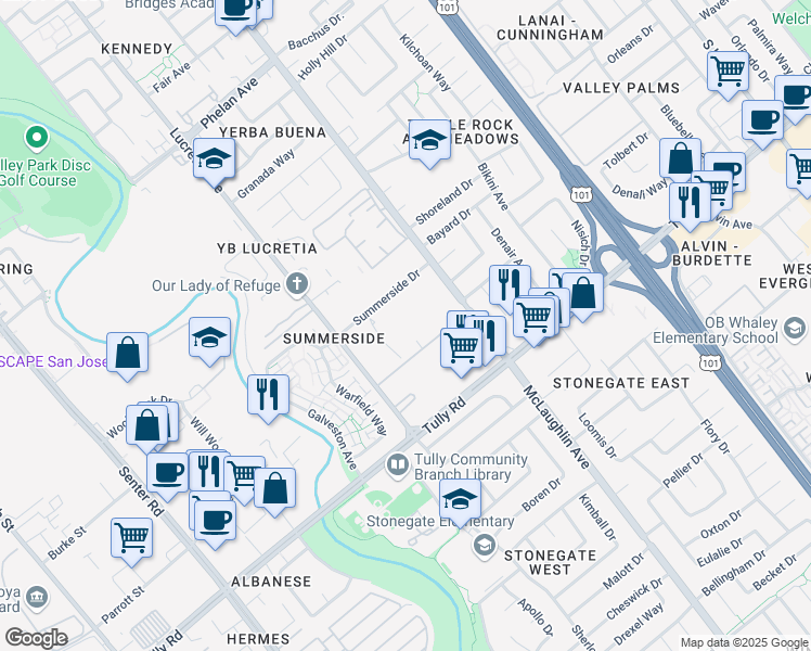 map of restaurants, bars, coffee shops, grocery stores, and more near 2263 McLaughlin Avenue in San Jose
