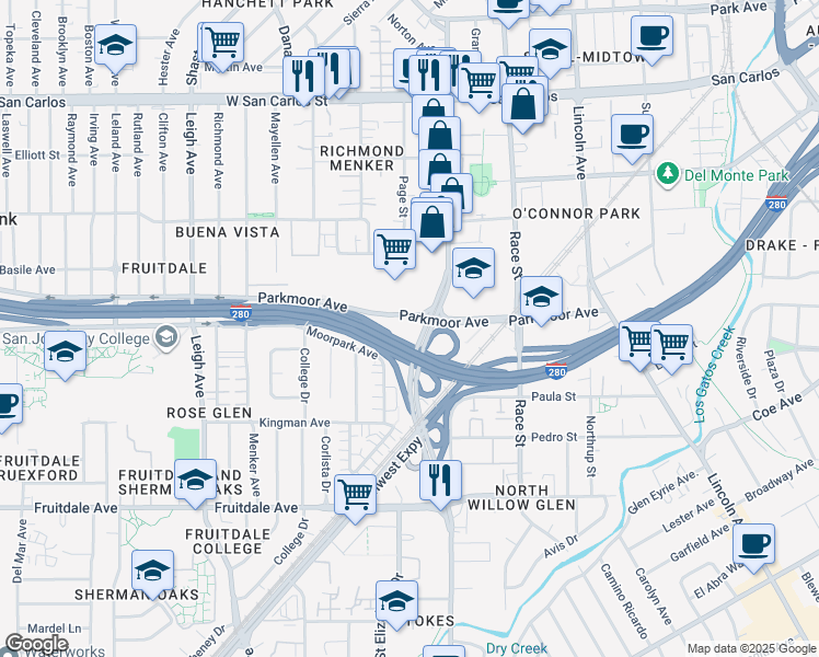 map of restaurants, bars, coffee shops, grocery stores, and more near in San Jose