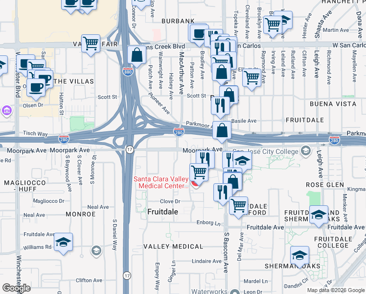 map of restaurants, bars, coffee shops, grocery stores, and more near in San Jose