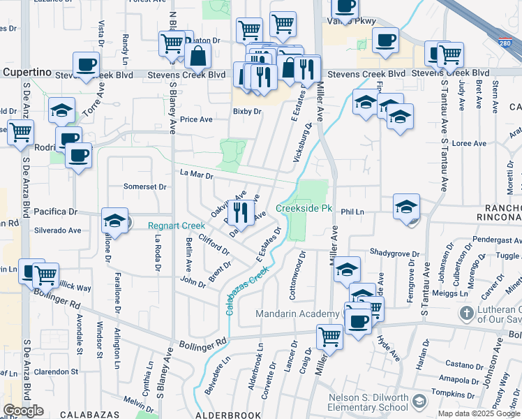 map of restaurants, bars, coffee shops, grocery stores, and more near 10411 East Estates Drive in Cupertino