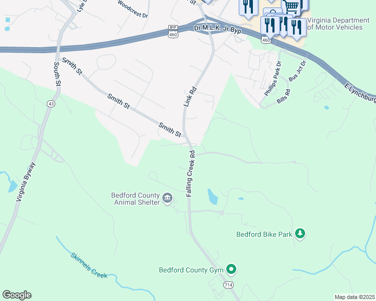 map of restaurants, bars, coffee shops, grocery stores, and more near 1021 Falling Creek Road in Bedford