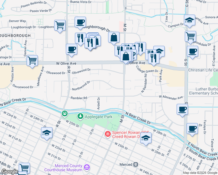map of restaurants, bars, coffee shops, grocery stores, and more near 704 Northwood Drive in Merced