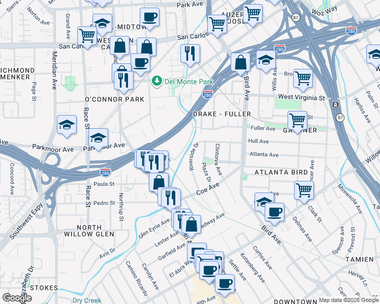 map of restaurants, bars, coffee shops, grocery stores, and more near 827 Riverside Drive in San Jose