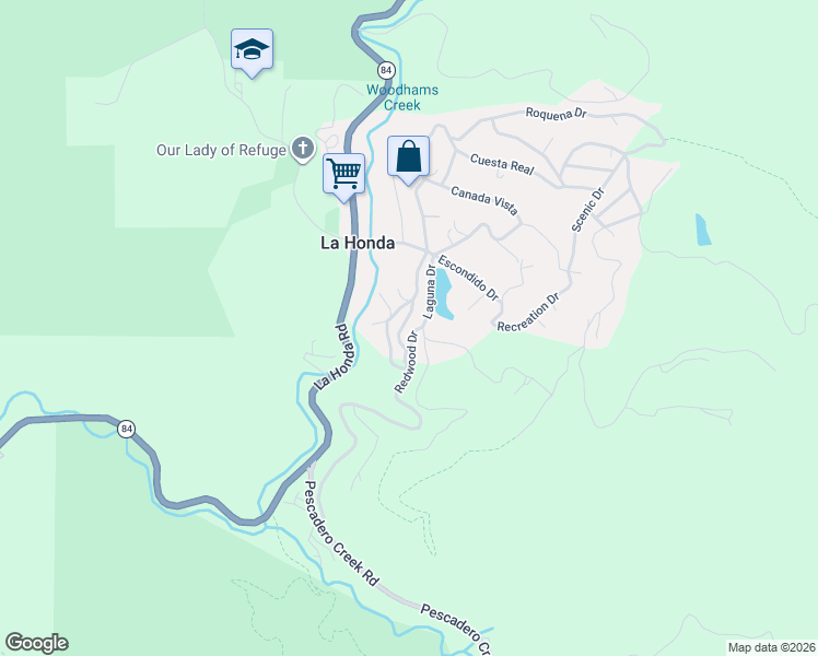 map of restaurants, bars, coffee shops, grocery stores, and more near 75 Redwood Drive in La Honda