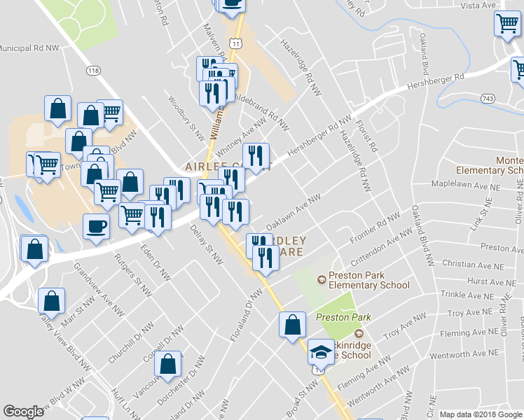 map of restaurants, bars, coffee shops, grocery stores, and more near 3122 Birchlawn Avenue Northwest in Roanoke