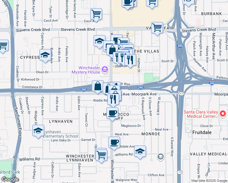 map of restaurants, bars, coffee shops, grocery stores, and more near 650 Tisch Way in San Jose