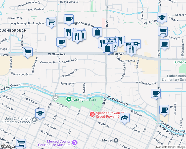 map of restaurants, bars, coffee shops, grocery stores, and more near 704 Northwood Drive in Merced