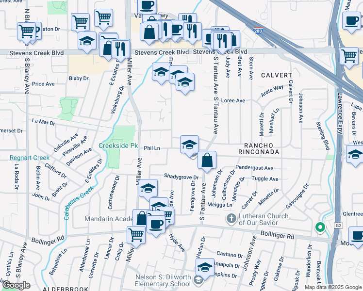 map of restaurants, bars, coffee shops, grocery stores, and more near 19251 Phil Lane in Cupertino