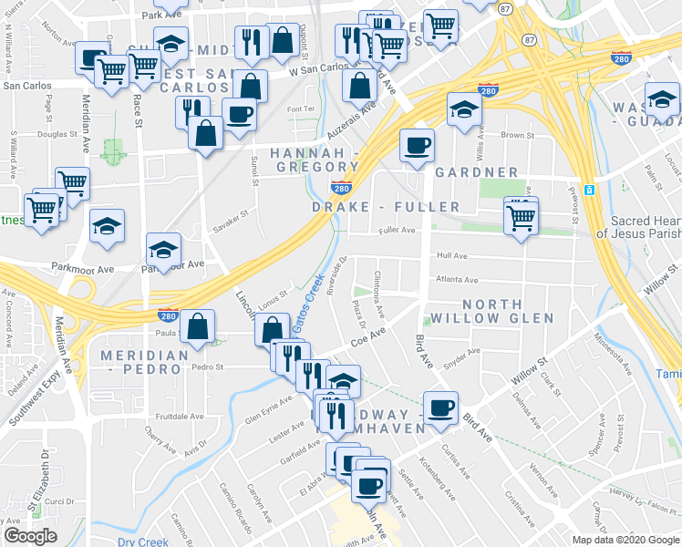 map of restaurants, bars, coffee shops, grocery stores, and more near 805 Riverside Drive in San Jose