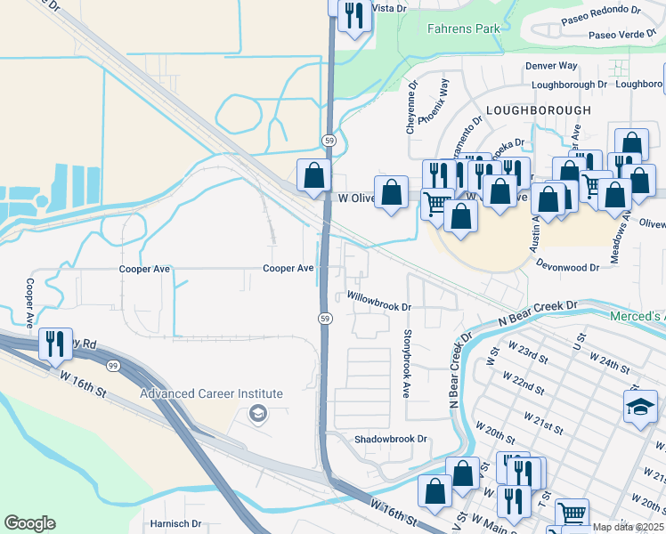 map of restaurants, bars, coffee shops, grocery stores, and more near 2984 Willowbrook Drive in Merced