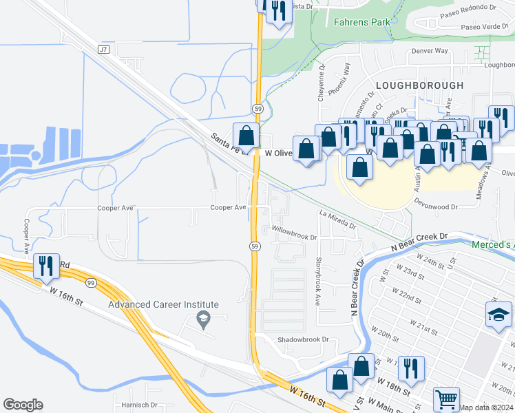 map of restaurants, bars, coffee shops, grocery stores, and more near 2901 North 59 in Merced