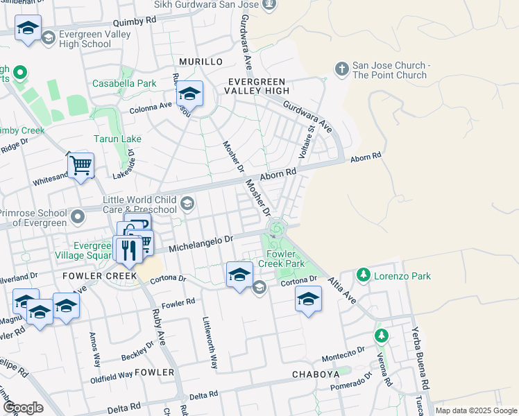map of restaurants, bars, coffee shops, grocery stores, and more near 3963 Mosher Drive in San Jose