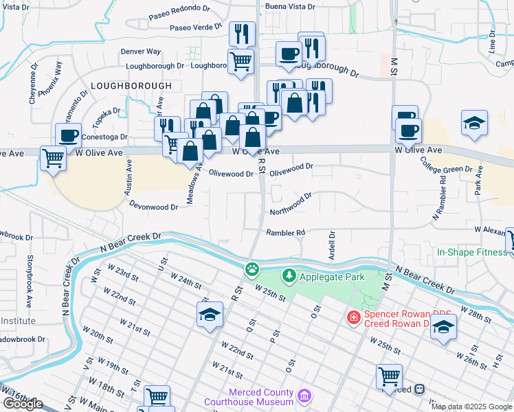 map of restaurants, bars, coffee shops, grocery stores, and more near 2961 R Street in Merced