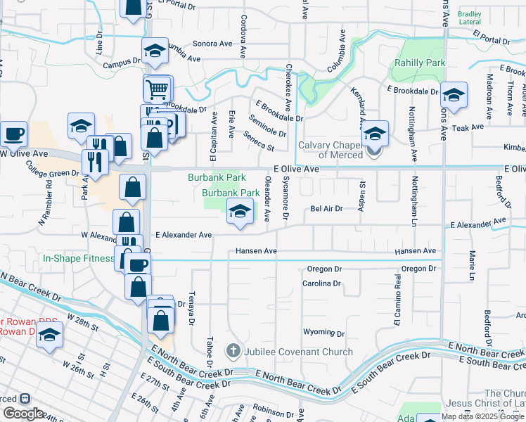 map of restaurants, bars, coffee shops, grocery stores, and more near 3029 Oleander Avenue in Merced