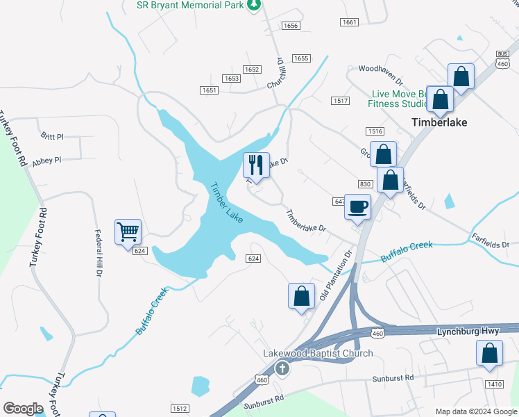 map of restaurants, bars, coffee shops, grocery stores, and more near 396 Timberlake Drive in Lynchburg