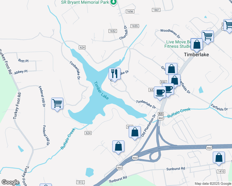 map of restaurants, bars, coffee shops, grocery stores, and more near 396 Timberlake Drive in Lynchburg