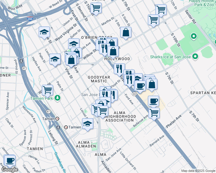 map of restaurants, bars, coffee shops, grocery stores, and more near 1282 Mastic Street in San Jose