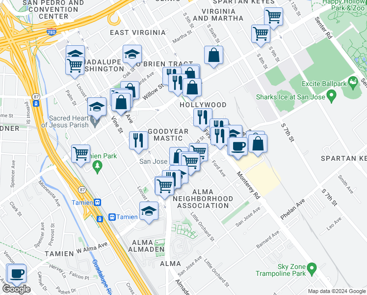 map of restaurants, bars, coffee shops, grocery stores, and more near 1282 Mastic Street in San Jose
