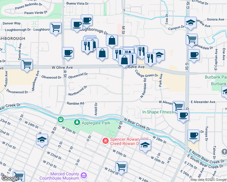 map of restaurants, bars, coffee shops, grocery stores, and more near 677 Northwood Drive in Merced